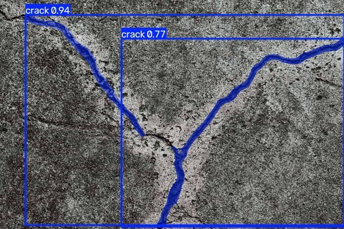 Dark cast concrete with the crack model's output: Y-shaped crack, top score 0.94