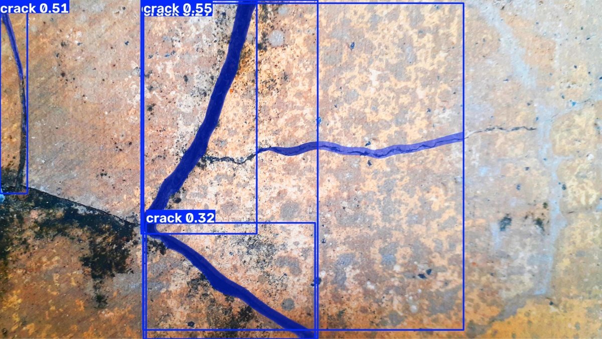 Weathered stone paving with the crack model's output: four cracks, top score 0.55