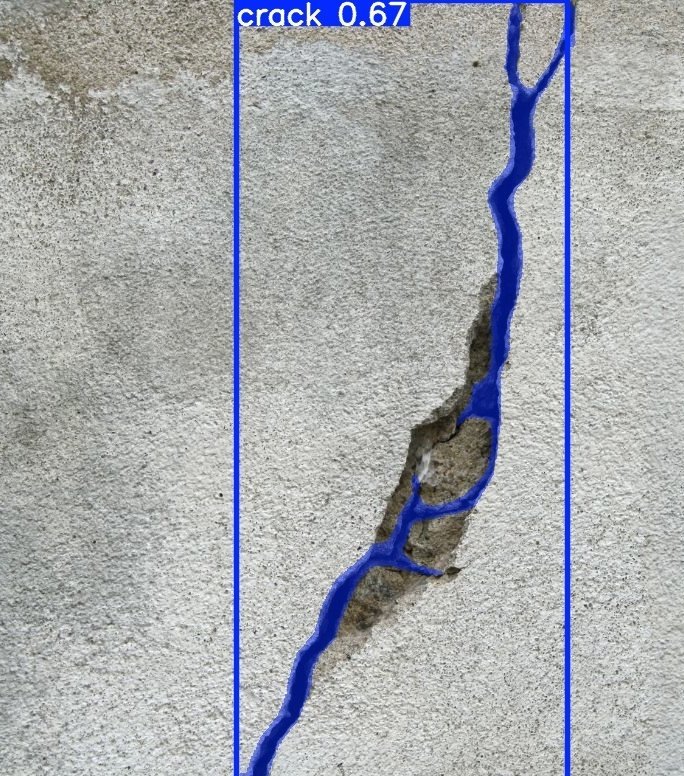 Spalled render on a wall with the crack model's output: one crack, score 0.67